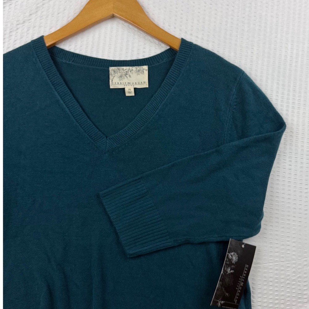 Debbie Morgan Petite V-Neck Sweater Teal Blue 3/4 Sleeve Acrylic Knit PL